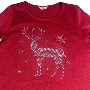 SJS Red Rhinestone Reindeer Snowflake Long Sleeve Tunic Top Women L